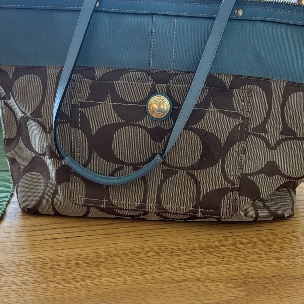 Coach Brown Signature Canvas Tote with Blue Leather Trim
